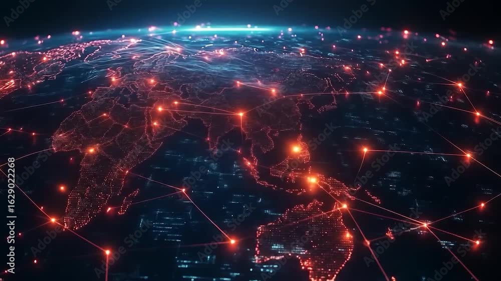 Poster global network: dynamic connections across earth, data flow, technology visualization