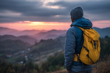 Peaceful Hiker in Blue Jacket and Yellow Backpack Gazing at Mountain Sunrise – Dreamy Travel Escape Aesthetic