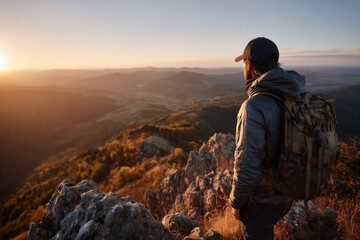 Bearded Man in Gray Jacket and Camo Backpack Standing on Rocky Peak at Golden Sunrise – Rugged Explorer Aesthetic