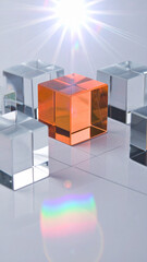 Illuminated Innovation: An eye-level perspective on a vibrant orange cube amidst transparent glass cubes, symbolizing originality, and forward-thinking concepts, captured with radiant beams of light.
