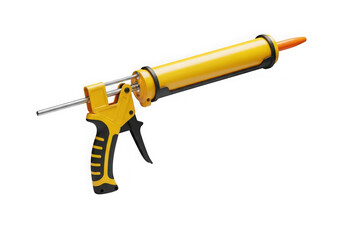 Yellow caulking gun with black handle and trigger against isolated on transparent background
