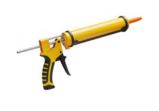 Yellow caulking gun with black handle and trigger against isolated on transparent background