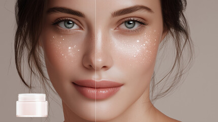 A close-up on a woman's face, split down the middle. One side is normal, and the other is comically smooth and sparkling with tiny, graphic stars. A blank cream jar floats in the corner of the frame.