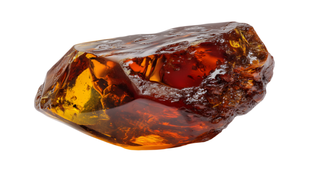 Close up shot of a translucent amber gemstone on transparent background