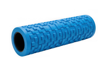 Blue textured foam roller for muscle recovery and massage isolated on transparent background
