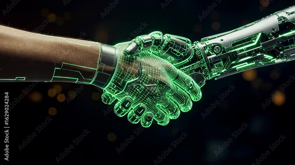 Poster man and robot handshake close-up. human hand meets cyborg hand with glowing circuits. future technol