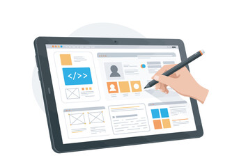 Tablet Displaying Website Interface with Hand Holding Stylus for Design.