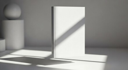 Fototapeta premium A blank white book mockup stands upright in a minimalist scene with geometric shapes and strong, diagonal shadows.
