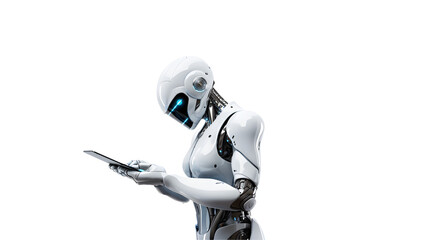 White robot holding a tablet against a transparent background
