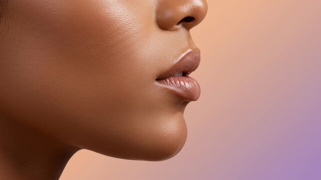 Closeup studio shot of a womans lips and face, showcasing the glossy makeup and smooth skin texture, highlighting beauty, cosmetics, and the importance of skincare and facial features