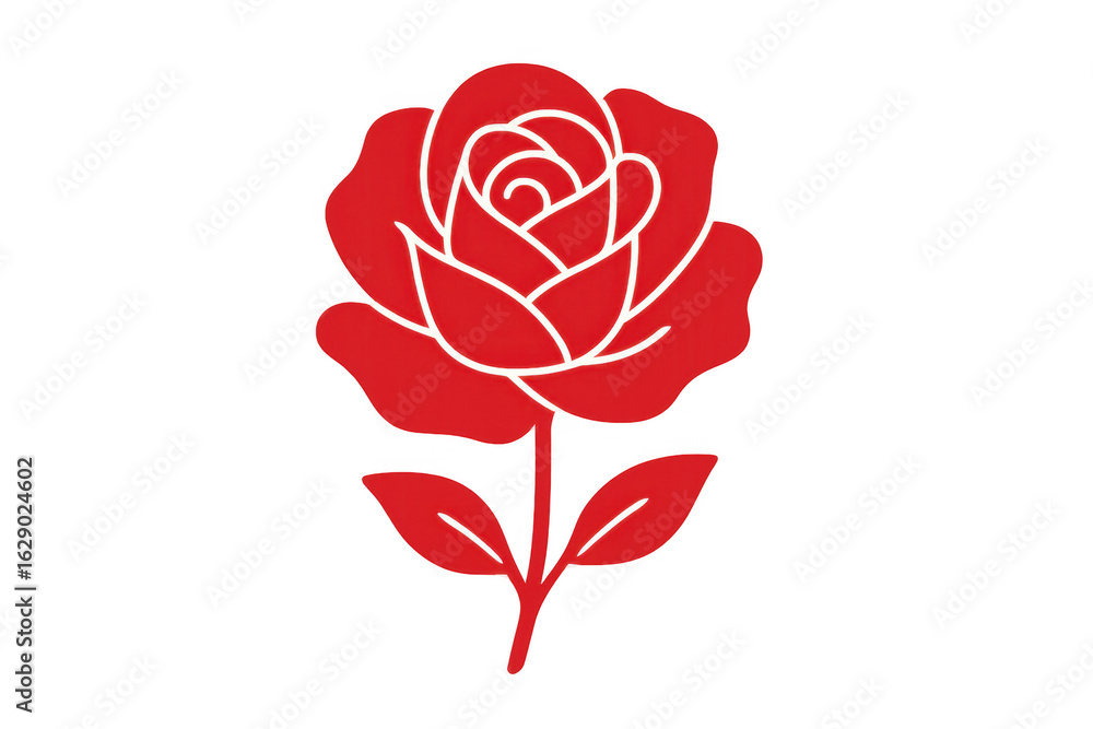 Poster red rose with white outline blooming on transparent background, ideal for adding a touch of elegance
