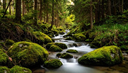 Obraz premium Mossy creek flowing through forest
