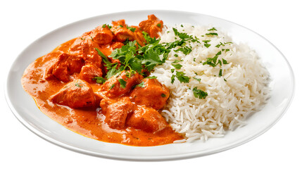Chicken tikka masala with rice on a white round plate