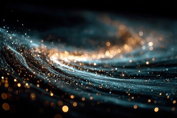 Abstract swirling cosmic dust with bokeh lights against a dark background.