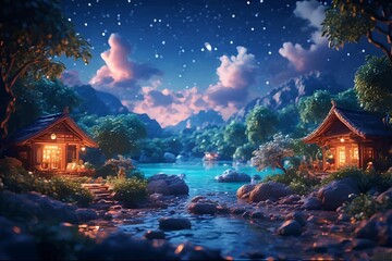 Obraz premium Tranquil Night Landscape with Japanese Houses by Lake and Starry Sky, Serene and Dreamy Vibe