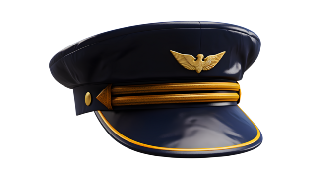 A pilot hat with a golden emblem on a transparent background