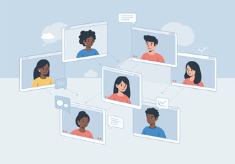 Diverse Group of People in Video Conference Call Smiling and Communicating.