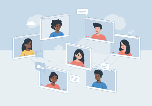 Diverse Group of People in Video Conference Call Smiling and Communicating.