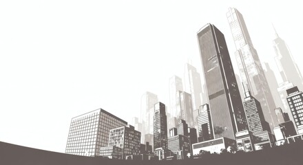 An artistic, stylized illustration of a modern city skyline, featuring various skyscrapers.