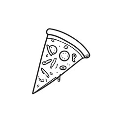 Line drawing of a single slice of pizza with various toppings, cheese, and a drip of sauce