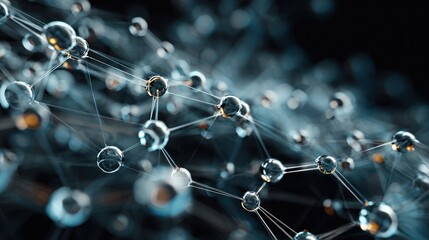 Abstract network of interconnected spheres with a dark background and blurred depth.