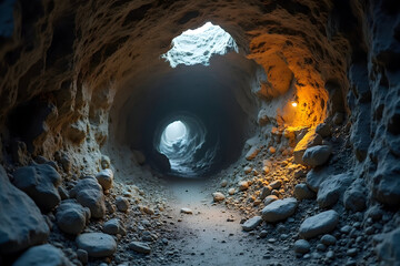 Exploring Cave Tunnel with Light and Stone Ground
