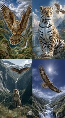 Four panels showcase animals overlaid on mountain landscapes