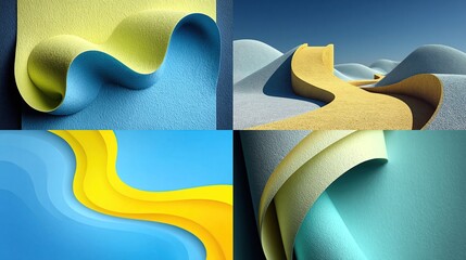 Four abstract panels showcasing a variety of curved, layered shapes in pastel colors.  Soft, flowing lines create dynamic forms against a backdrop of muted tones