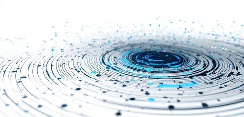 Abstract swirling vortex with blue center and dark specks on white background.