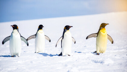 Obraz premium Penguins Marching in Winter: A captivating scene of penguins waddling across a snow-covered landscape on a sunny day, embodies their resilience, adaptation.