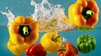 Colorful peppers splashing in water, vibrant scene - Powered by Adobe