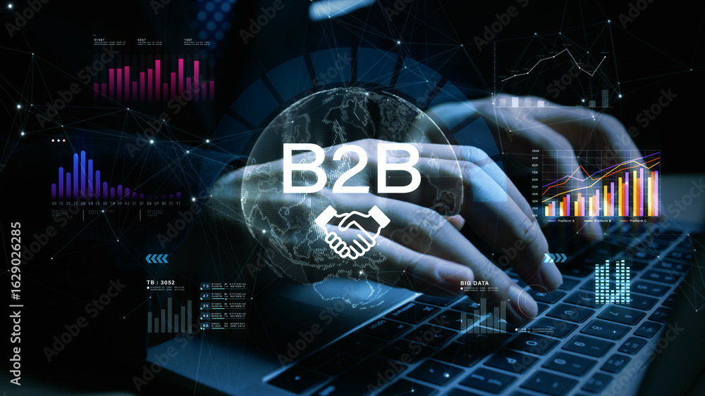 Poster hands typing on keyboard with b2b concept overlay, featuring global data charts and analytics for di