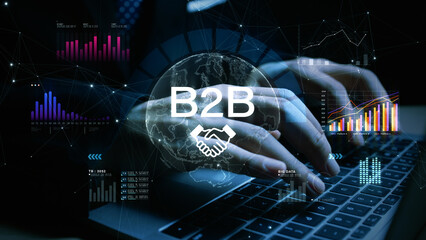Hands typing on keyboard with B2B concept overlay, featuring global data charts and analytics for digital corporate business solutions. 3d Rendering