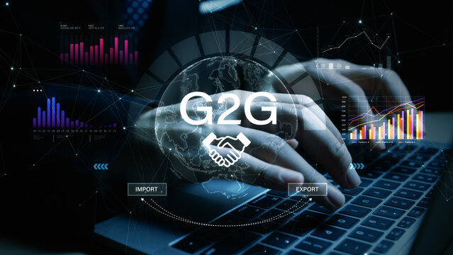 Hands typing on keyboard with G2G digital trade concept, global import export charts and data analytics overlay for business and government partnerships.  3d Rendering