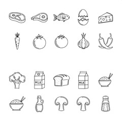 A minimal set of 16 black and white ingredient icons, featuring vegetables, dairy, meat, and seasonings. Ideal for cooking apps, recipe visuals, and food-related designs.