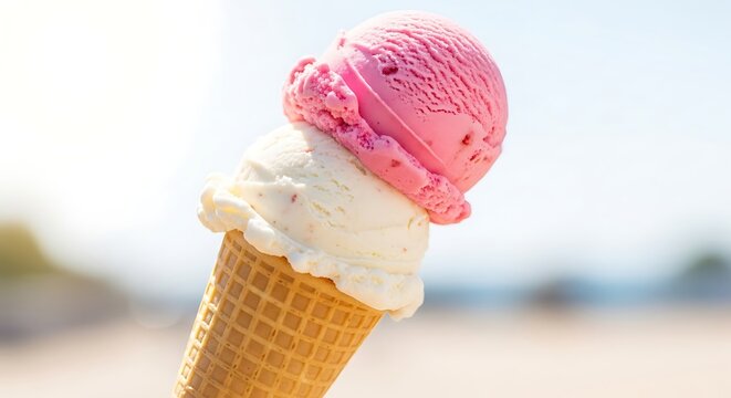 Delicious double scoop ice cream cone with strawberry and vanilla flavors on a bright day - Powered by Adobe