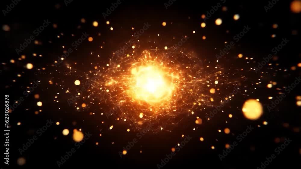 Poster golden energy core: dynamic particle field animation on black background