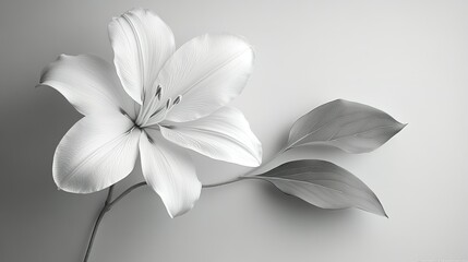 Fototapeta premium Elegant Monochrome Lily Blossom with Delicate Leaves on Soft Gray Background
