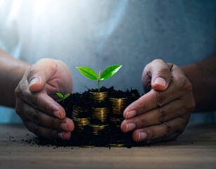 A pair of hands gently protecting a small plant growing from stacks of coins, symbolizing financial growth, investment, and the concept of nurturing wealth.