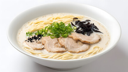 Delicious Tonkotsu Ramen with Pork Slices, Green Onions, Seaweed, and Rich Creamy Broth in a Bowl