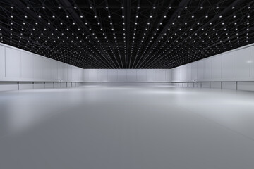 Empty hall exhibition centre.The backdrop for exhibition stands, booth,market,trade show.Conversation for activity,meeting.Arena for entertainment,event,sports.Indoor  for Factory,showroom.3d render.