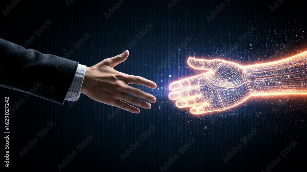 Poster man hand reaching out to digital robotic hand. artificial intelligence connecting with human in dark