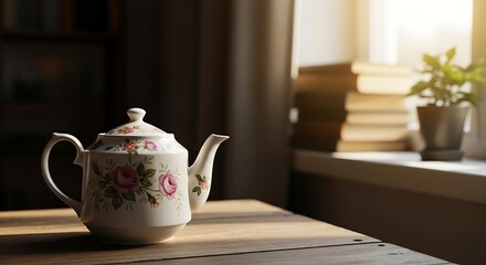 Elegant floral teapot on wooden table evoking a sense of calm and tradition