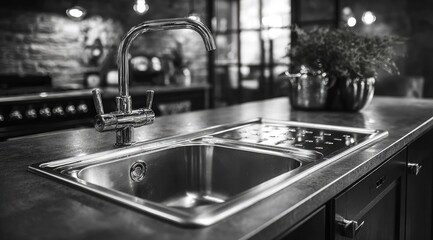 Modern kitchen sink and faucet in monochrome