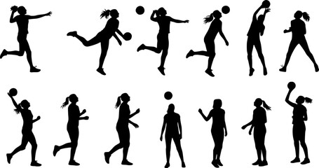 set of silhouettes of female volleyball athlete with different pose, gesture, movement. isolated on white background. vector illustration.
