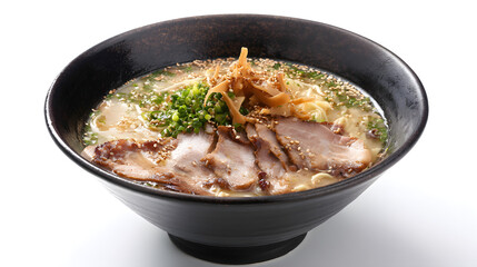 Delicious Kagoshima Style Ramen in a Black Bowl with Toppings and Broth