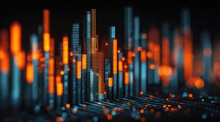 Abstract cityscape of glowing, pixelated towers