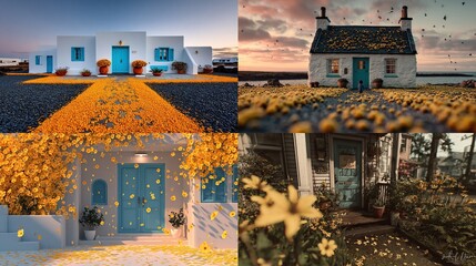 Four images showcasing idyllic homes with vibrant yellow foliage and teal doors, in various artistic styles