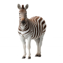 Fototapeta premium A unique zebra with brown and white stripes, standing tall and looking directly at the viewer, isolated on a white background.