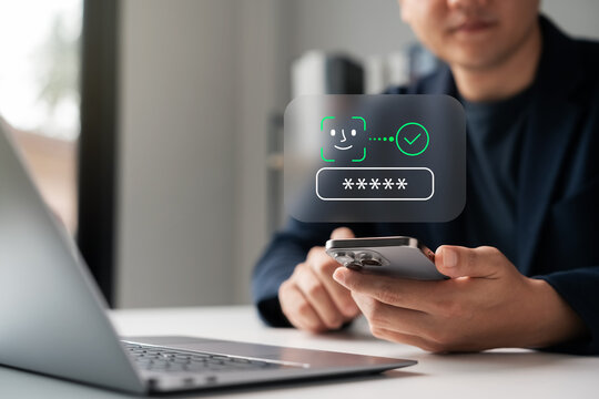 Cybersecurity concept with man using smartphone and face recognition login on digital interface. Perfect for password protection, data security, privacy, and authentication themes.